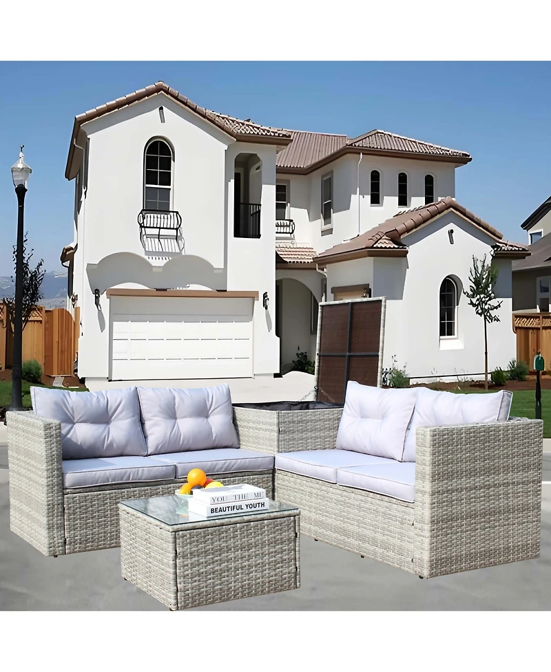 Clihome 4-Piece Outdoor Pe Rattan Patio Furniture Set - 2 Loveseats, Storage Table, Tempered Glass Coffee Table