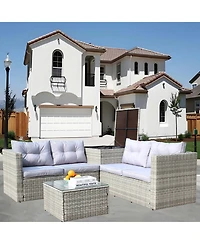 Clihome 4-Piece Outdoor Pe Rattan Patio Furniture Set - 2 Loveseats, Storage Table, Tempered Glass Coffee Table