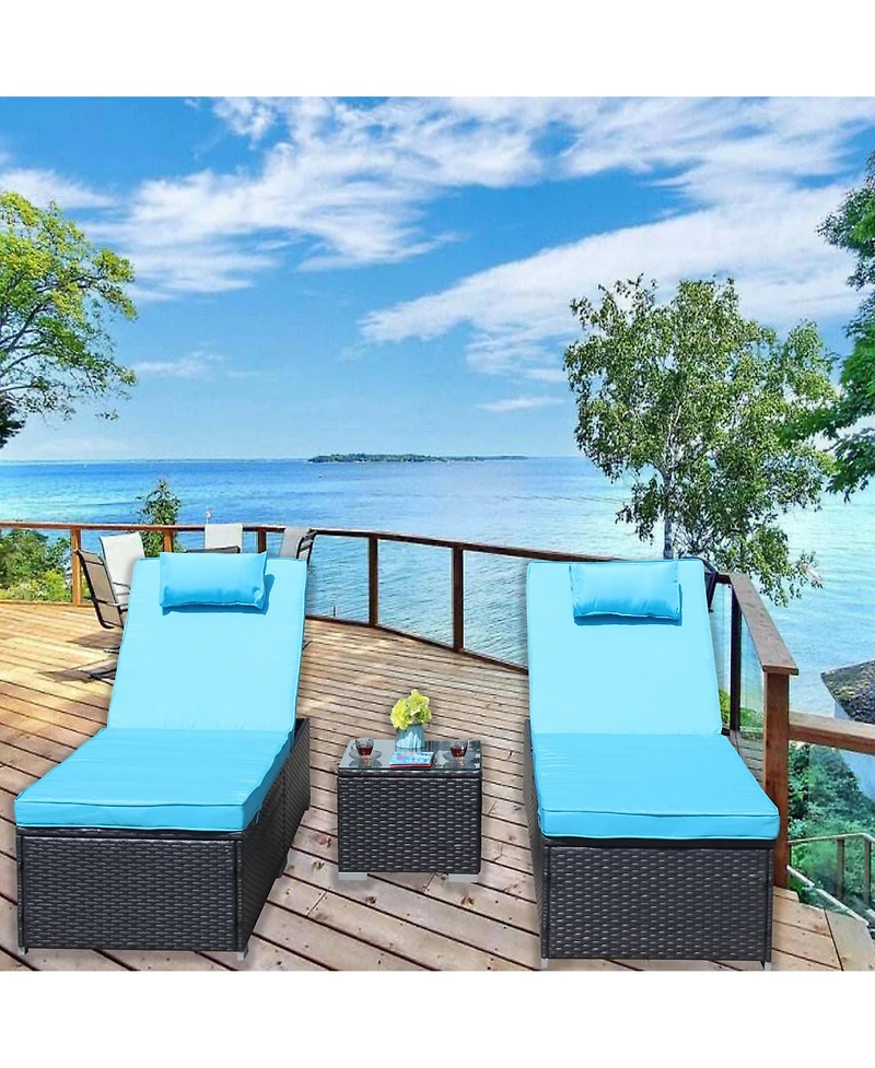 Clihome 3-Piece Outdoor Patio Furniture Set - 2 Adjustable Rattan Chaise Lounges with Cushions and Tempered Glass Coffee Table, Blue
