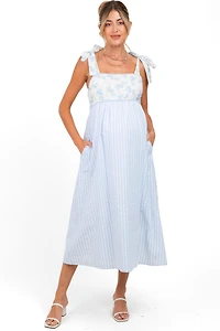 Pinkblush Women's Light Blue Floral Contrast Stripe Shoulder Tie Midi Dress