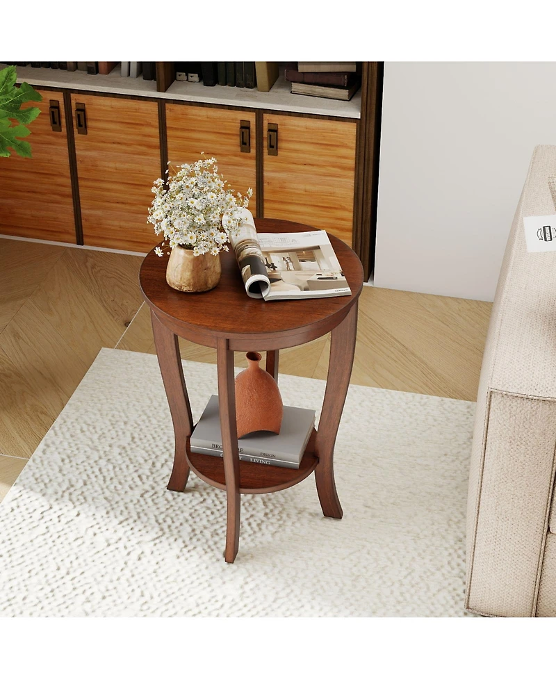Slickblue Round Side Table with 2-Tier Storage and Solid Wood Legs for Bedroom or Living Room