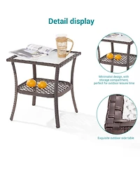 Sonkuki Outdoor Pe Rattan Side Table, Water-Corrugated Glass Tabletop Water-Proof for Indoor and