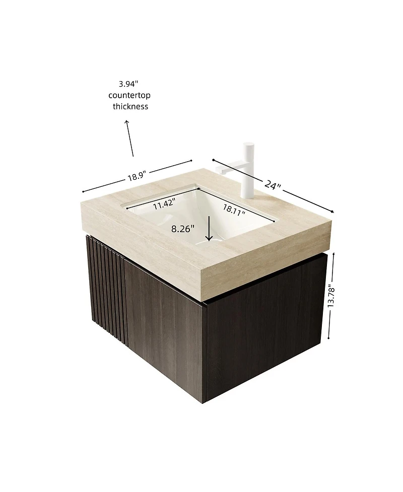 Sillysis Floating Bathroom Vanity with Roma Travertine Sintered Stone Top, Ceramic Sink, Soft Close Storage