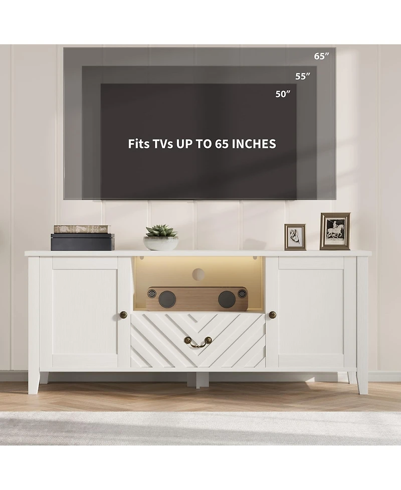 homfan Modern Farmhouse Tv Stand with Led Lighting, Storage Cabinets and Drawers