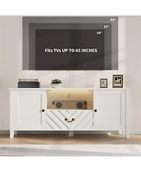 homfan Modern Farmhouse Tv Stand with Led Lighting, Storage Cabinets and Drawers
