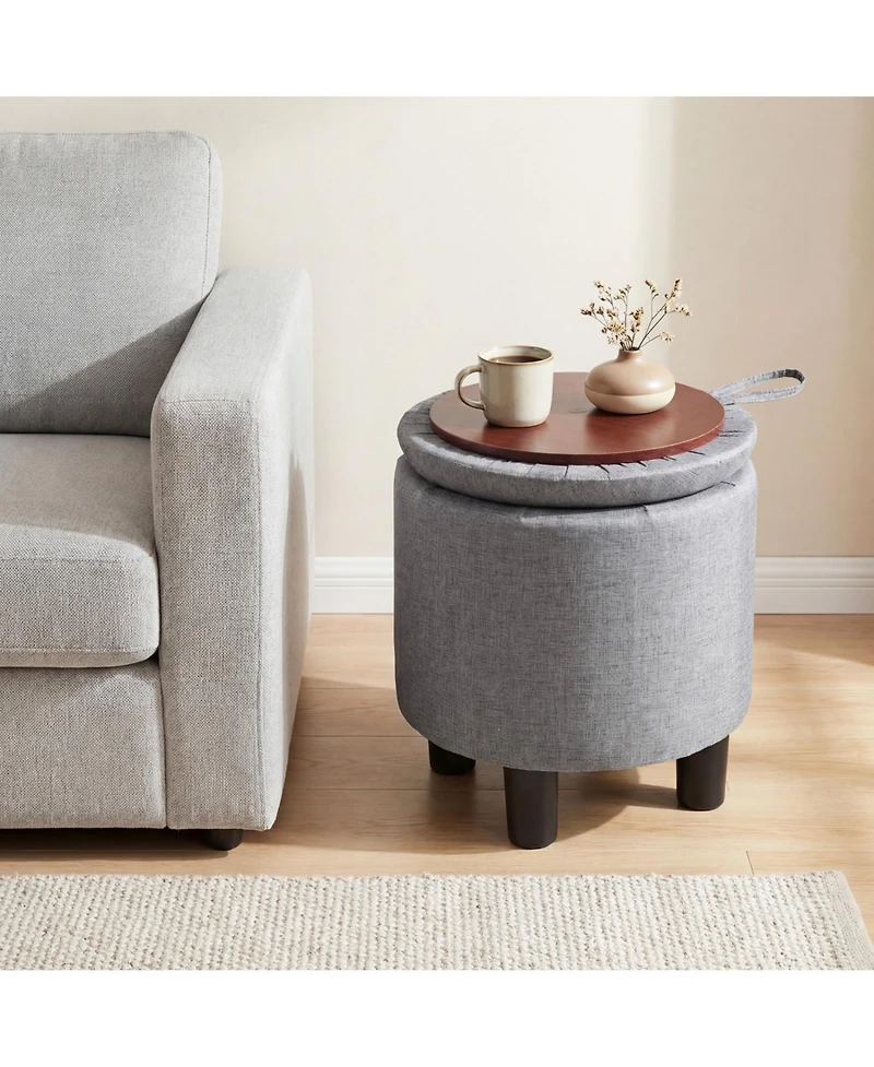 Slickblue Linen Fabric Storage Ottoman Round Footrest Stool
