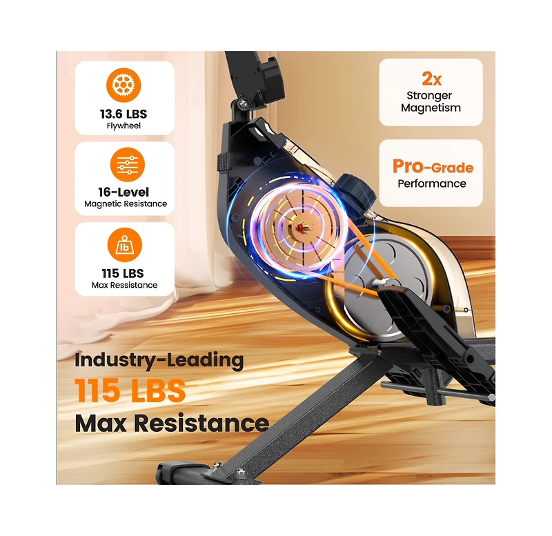 Fed Fitness Magnetic Rowing Machine 350LB Capacity, Foldable Home Rower with 16-Level 115lbs Resistance and Bluetooth