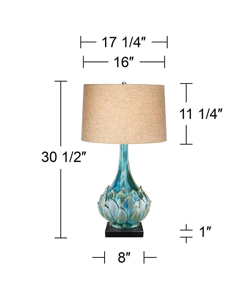 Possini Euro Design Kenya Modern Table Lamp with Square Black Riser 29 1/2" Tall Blue Green Ceramic Beige Linen Drum Shade for Living Room House Home