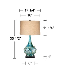 Possini Euro Design Kenya Modern Table Lamp with Square Black Riser 29 1/2" Tall Blue Green Ceramic Beige Linen Drum Shade for Living Room House Home