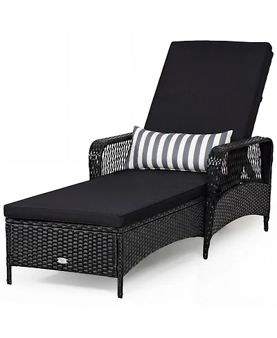 Outdoor Wicker Chaise Lounge with Adjustable Backrest, Cushion and Head Pillow-Black