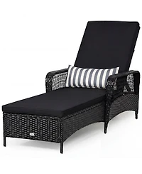Outdoor Wicker Chaise Lounge with Adjustable Backrest, Cushion and Head Pillow-Black