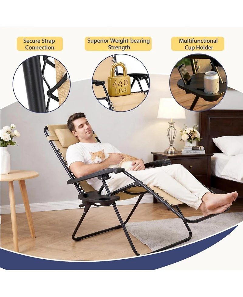 Yiortwo Set of 2 Zero Gravity Lounge Chairs Reclining Patio with Cup Holder