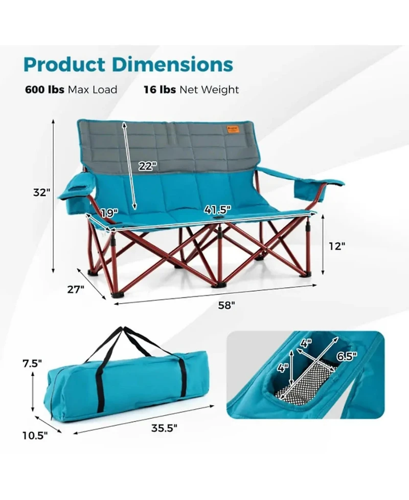 Yiortwo 2-Person Camping Chair Loveseat with Cup Holders, Folding Outdoor Sofa