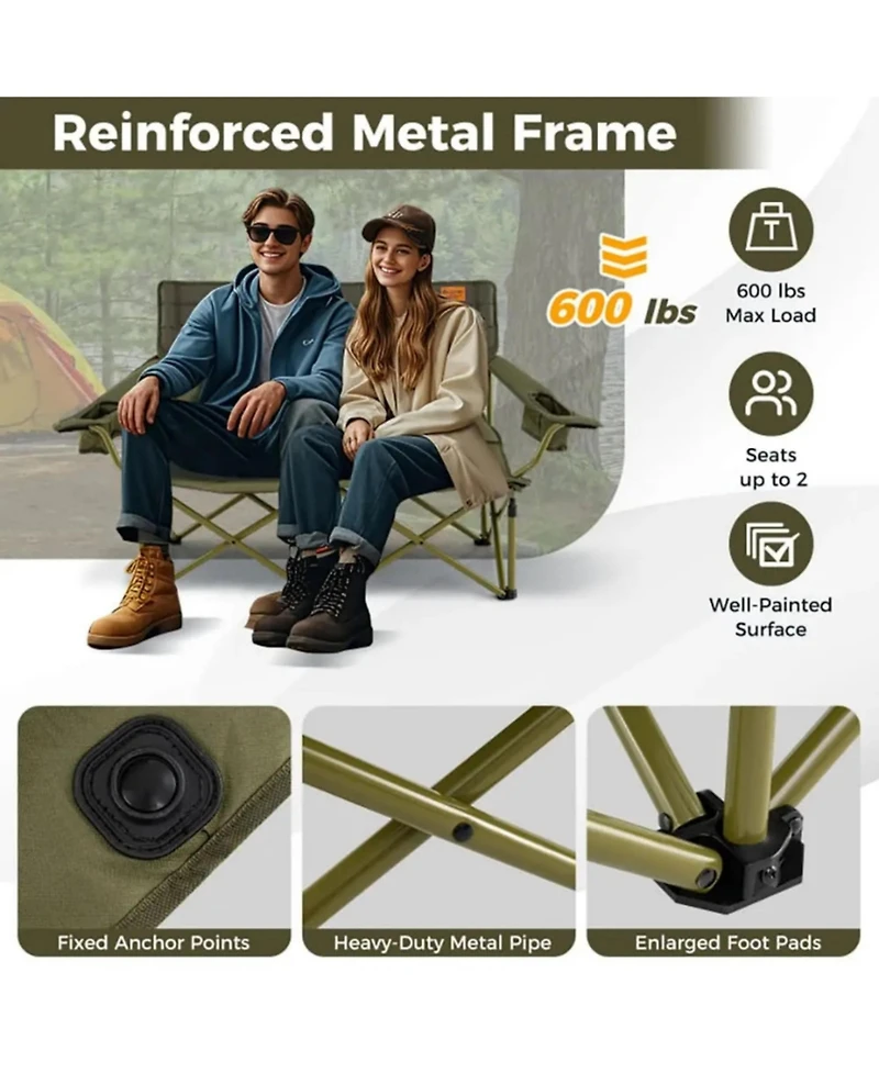 Yiortwo 2-Person Camping Chair Loveseat with Cup Holders, Folding Outdoor Sofa