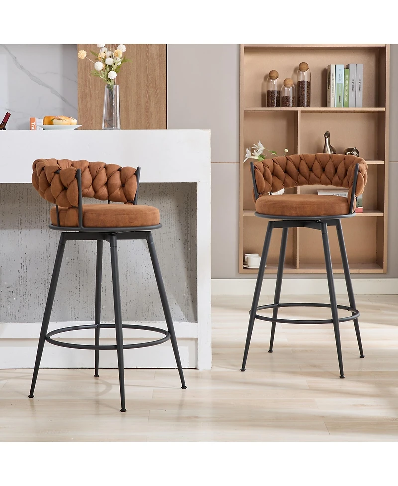 Dyhome 28 inch Bar Stools Set of 2, Modern Counter Height Stools, 360° Swivel Suede Fabric Stool Chairs with Woven Back and Footrest