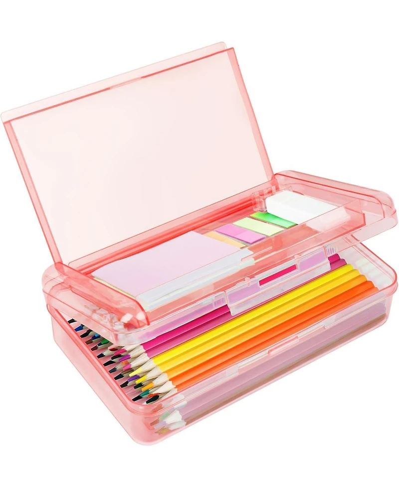 Danrong Plastic Pencil Box Large Capacity Double Layer, Hard Case with Snap Lid for Kids Adults School Office