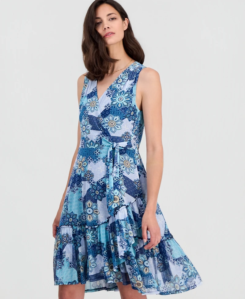 Robbie Bee Women's Printed Sleeveless Faux-Wrap Dress