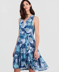 Robbie Bee Women's Printed Sleeveless Faux-Wrap Dress