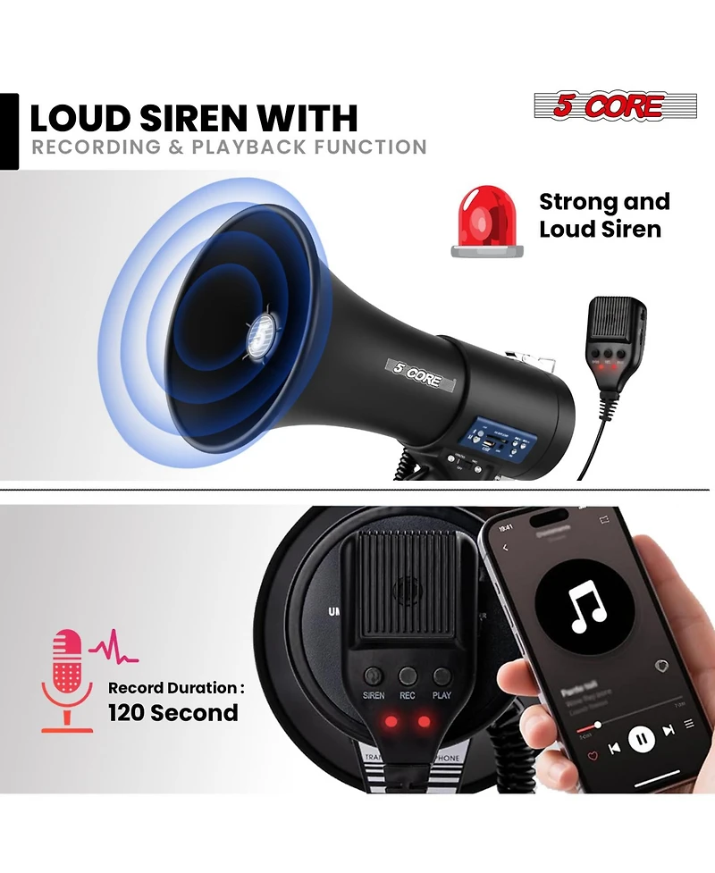 5 Core Megaphone Bullhorn 50W Speaker w Bluetooth Siren Adjustable Volume Loud Portable Pa System
