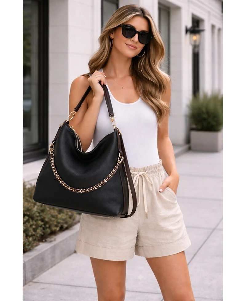Susu Riva Leather Convertible Hobo Bag Shoulder and Crossbody with Chain Detail