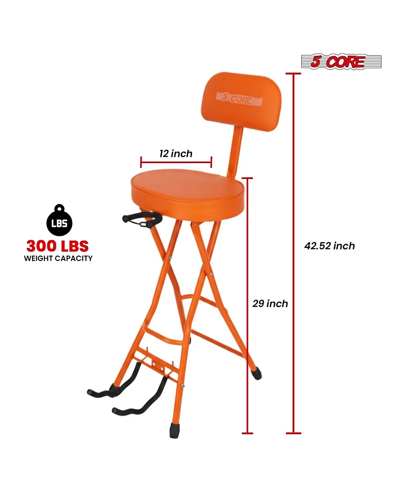 5Core Guitar Stool 3.15" Padded Chair w Backrest Foldable Music Seat Built in Foot Rest Guitar Stand