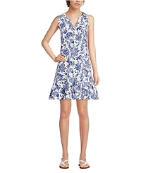 Lands' End Women's Sleeveless Cotton Jersey Notch Neck Flounce Dress