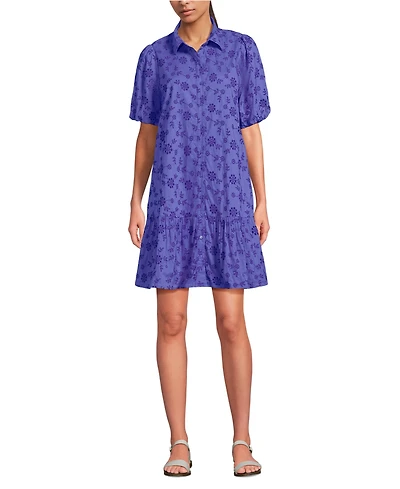 Lands' End Women's Elbow Sleeve Eyelet Knee Length Shirt Dress