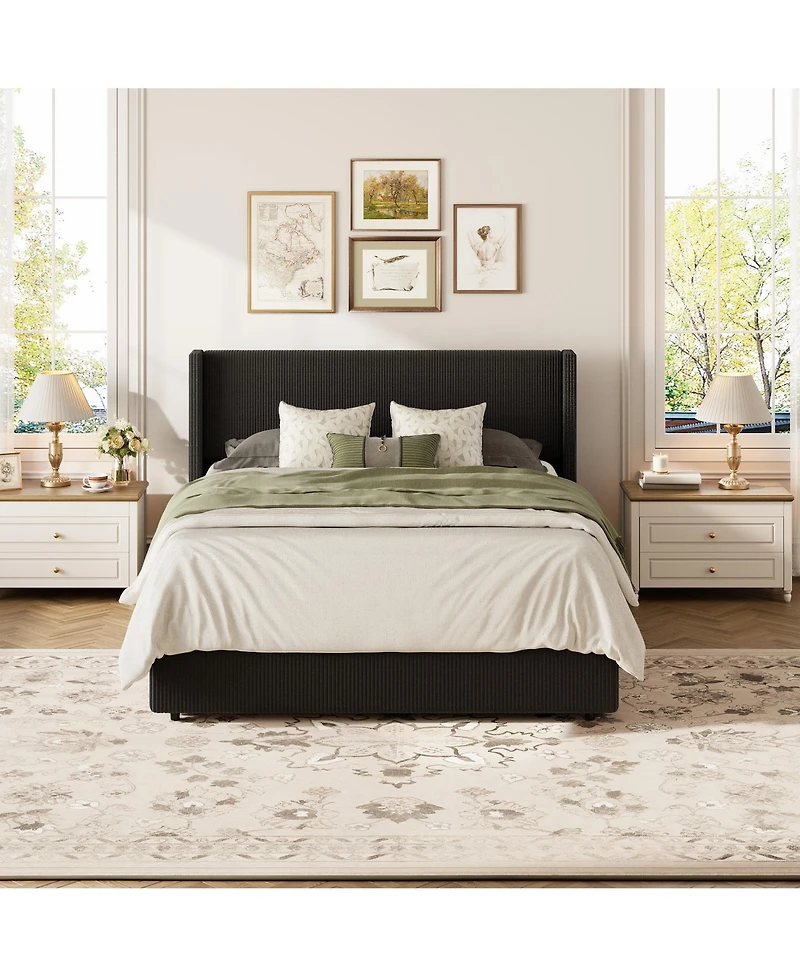gaomon Lift Up Storage Bed Frame – Corduroy Upholstered Platform with Gas Lift, Padded Headboard, No Box Spring Needed