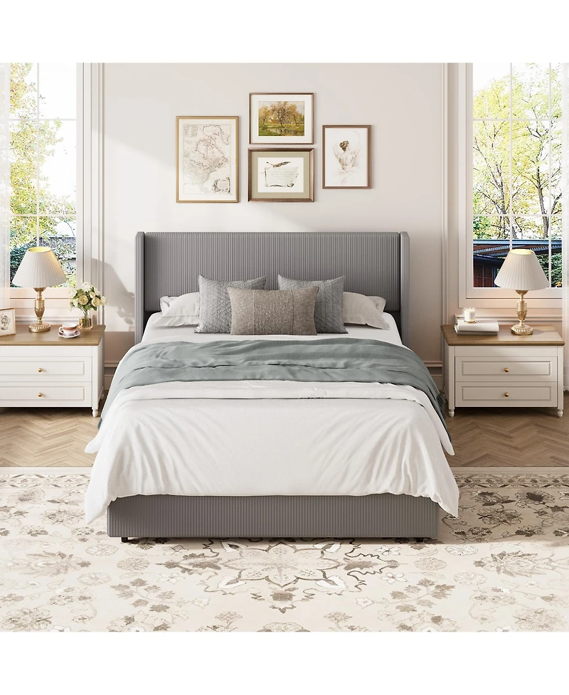 gaomon Lift Up Storage Bed Frame - Corduroy Upholstered Platform Bed with Gas Lift, Padded Headboard