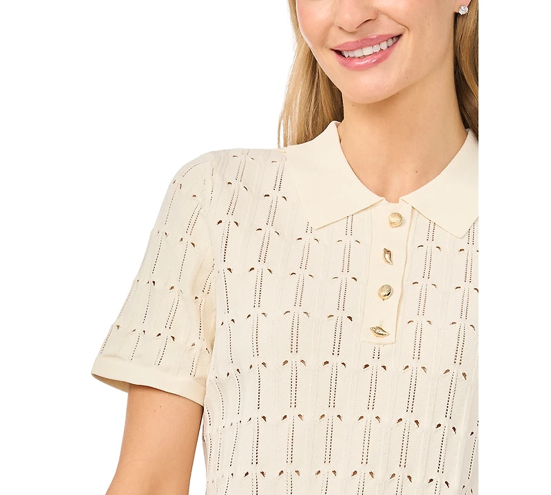 CeCe Women's Pointelle Short-Sleeve Collared Sweater