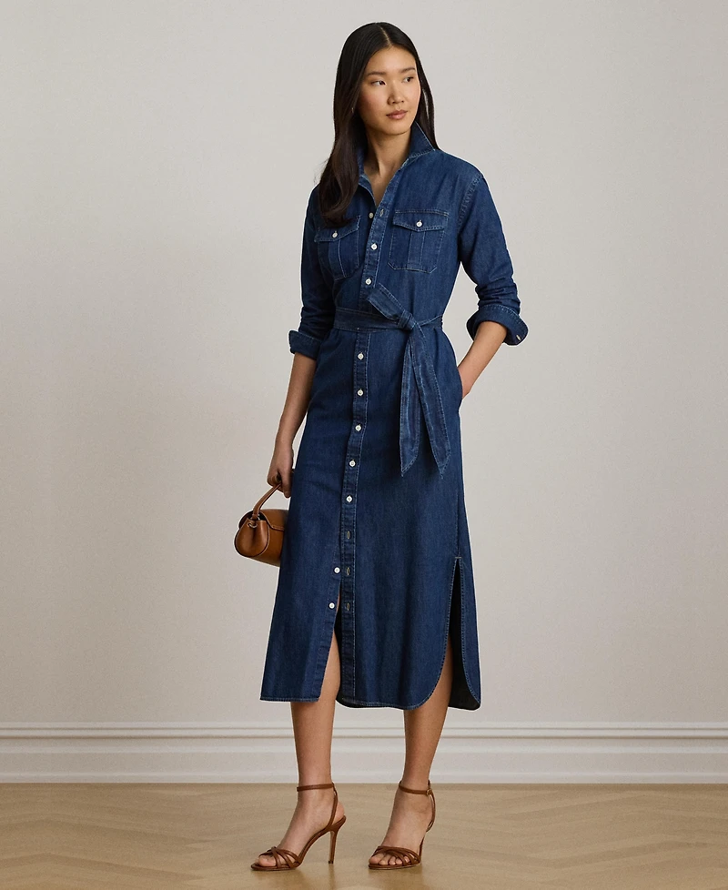 Lauren Ralph Lauren Women's Collared Belted Denim Midi Shirt Dress