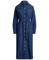 Lauren Ralph Petite Belted Collared Denim Midi Shirt Dress