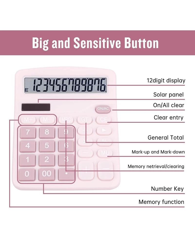 Danrong Cute Desktop Calculator Big Buttons, Dual Power Solar/Battery, Large Display for Office Teachers