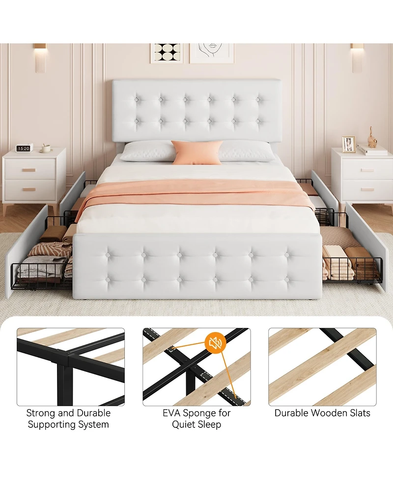 Homfan Upholstered Platform Bed Frame with 4 Storage Drawers, Button Tufted Headboard, Wooden Slats