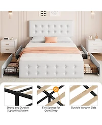Homfan Upholstered Platform Bed Frame with 4 Storage Drawers, Button Tufted Headboard, Wooden Slats