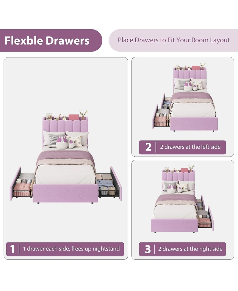 homfan Upholstered Platform Bed Frame with Led Storage Headboard and 2 Drawers