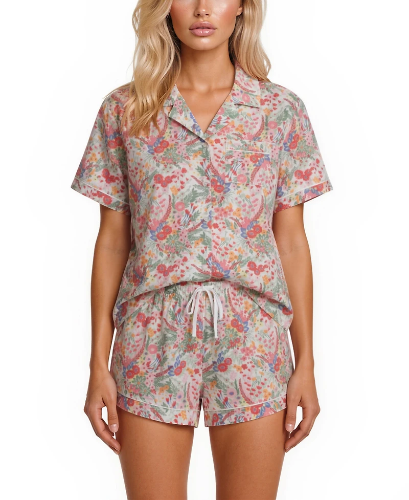 Vera Bradley Women's Iconic Print Notch Collar Shirt and Pajama Shorts, 2-Piece Set