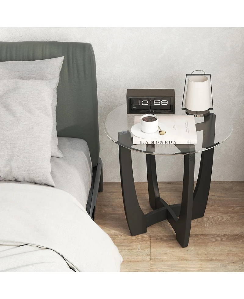 Gymax 23.5'' Round Side Table with Glass Tabletop Cross-shaped Solid Rubber Wood Frame