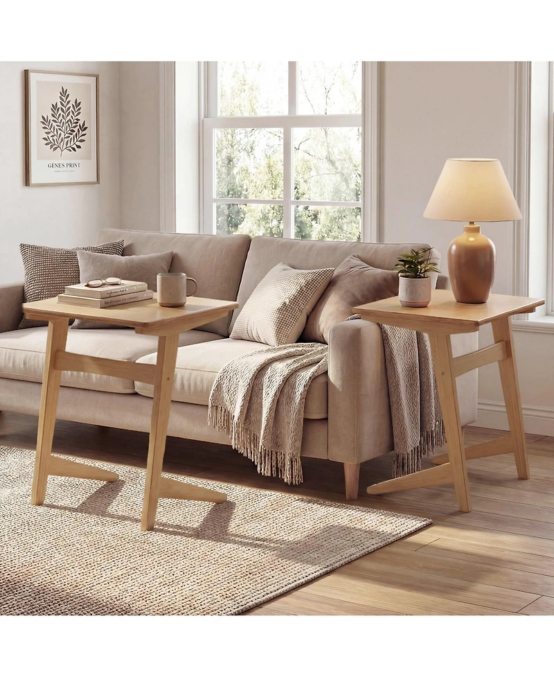 Gymax Wood Sofa Side Table Set of 2 with Wood Veneered Top and Solid Rubber Wood Frame
