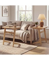 Gymax Wood Sofa Side Table Set of 2 with Wood Veneered Top and Solid Rubber Wood Frame