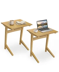 Gymax Wood Sofa Side Table Set of 2 with Wood Veneered Top and Solid Rubber Wood Frame