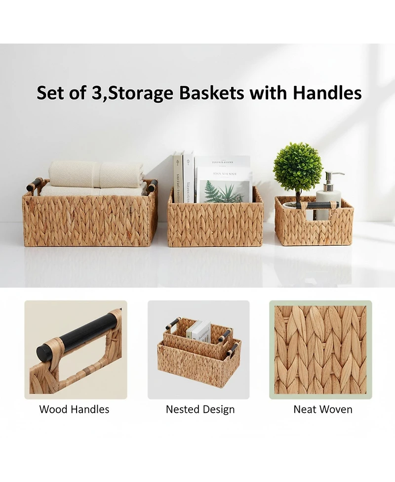 Yigii Storage Baskets 3 Pack Handwoven Water Hyacinth Wooden Handles Organizing Toys