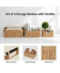 Yigii Storage Baskets 3 Pack Handwoven Water Hyacinth Wooden Handles Organizing Toys