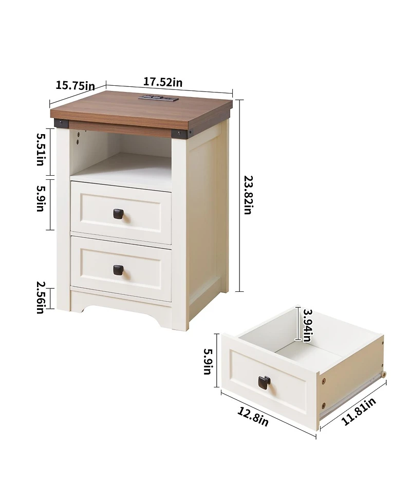 Streamdale Furniture Farmhouse Charging Nightstand with Drawer and Shelf