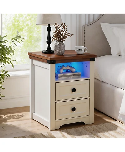Streamdale Furniture Farmhouse Charging Nightstand with Drawer and Shelf