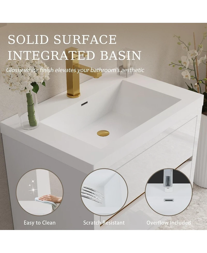 Sillysis Wall Mounted Bathroom Vanity with Glossy Resin Sink, Soft Close Drawers