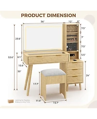 homfan Vanity Desk with Lighted Mirror, Glass Top Dressing Table Charging Station and Cushioned Storage Stool for Bedroom