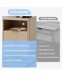 homfan Set of 2 Modern Fluted Nightstands with Charging Station, Drawers and Open Storage Shelf, Rounded Corners, Metal Handles, Wooden for Bedroom
