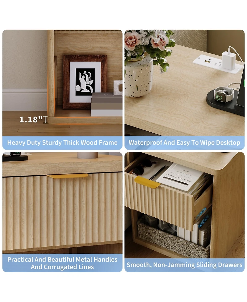 homfan Set of 2 Modern Fluted Nightstands with Charging Station, Drawers and Open Storage Shelf, Rounded Corners, Metal Handles, Wooden for Bedroom