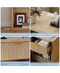 homfan Set of 2 Modern Fluted Nightstands with Charging Station, Drawers and Open Storage Shelf, Rounded Corners, Metal Handles, Wooden for Bedroom